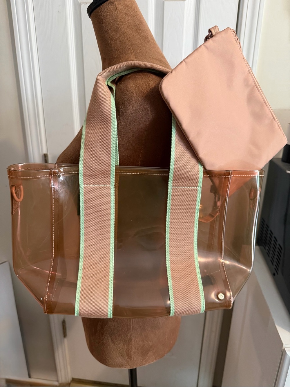 STATE Wellington Cabana Tote: Transparent Nude w/Nude Pink Pouch & Mint Trim